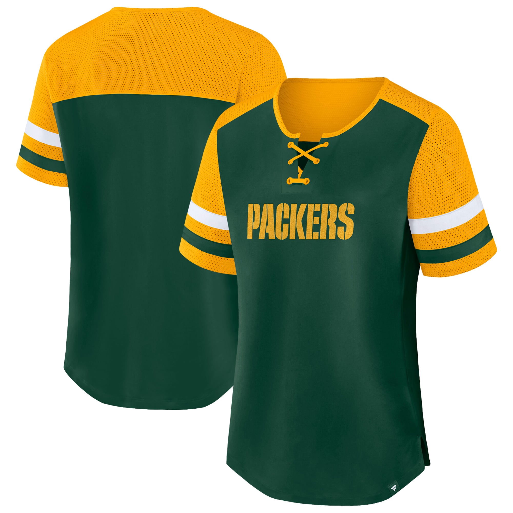 Women's Fanatics Green/Gold Green Bay Packers Plus Size Throwback Curl Route Lace-Up T-Shirt